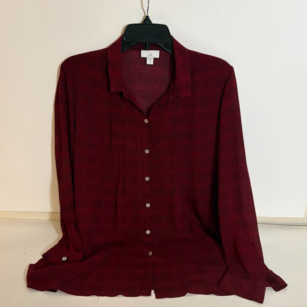 J. Jill Red and Black Plaid Long Sleeve Pleated Button Side Slits Top Size (M) P